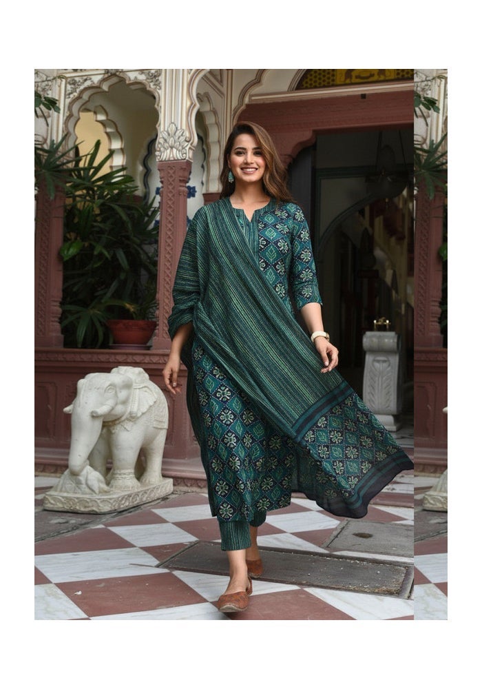Malishka Export كُرتا بانت مطبوع باللون الأخضر مع دُفَتة للنساء - Image 5